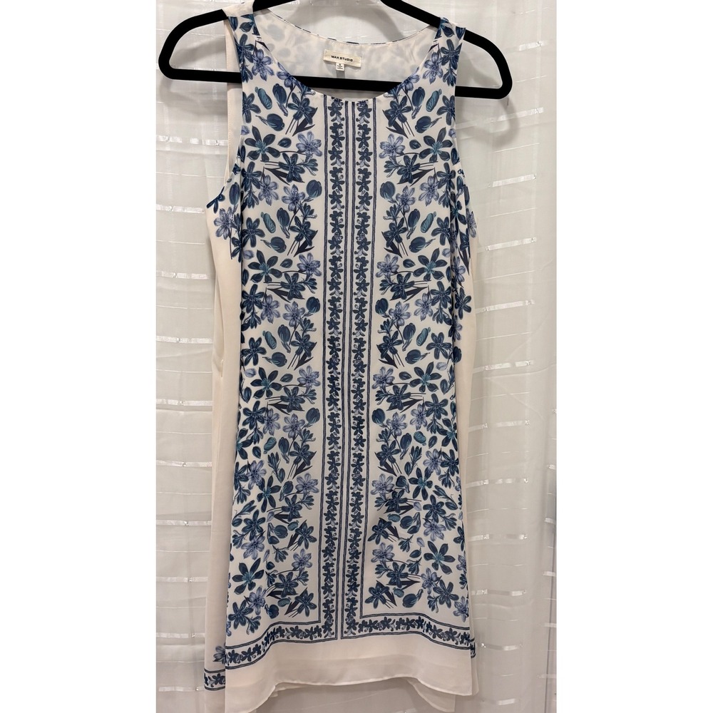 Max Studio Blue White Floral Sleeveless Shift Dress Sharkbite Hem Small 4912Y66A